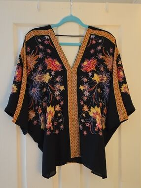 Rose & Olive Boho Black Floral V-Neck Tunic with Yellow & Pink Accents